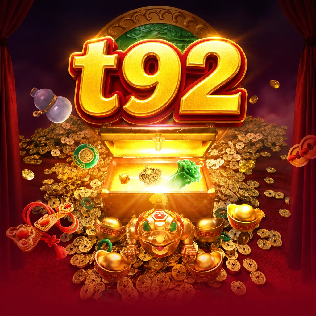 Tampilan game Jewels Prosper di t92 dengan peti harta karun, koin emas, dan katak pembawa rezeki.