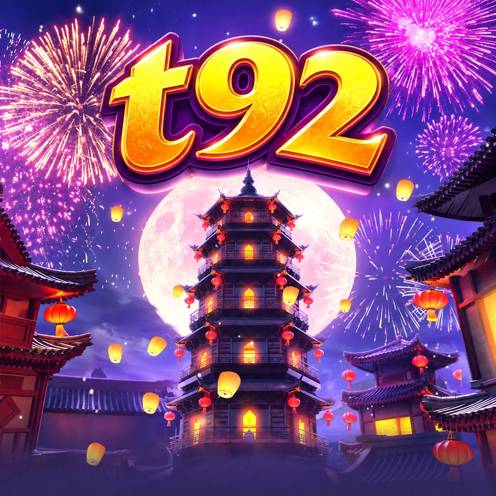 Tampilan game Wild Fireworks dari t92 dengan latar pagoda, kembang api, dan lampion malam hari.